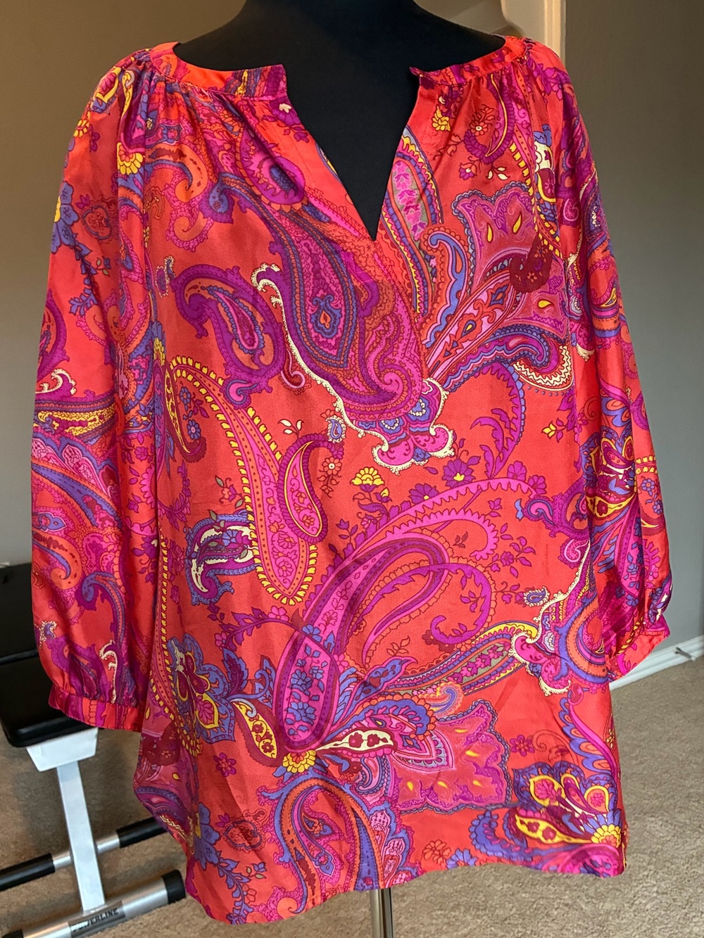 Ralph Lauren Bright Pink Paisley Women's Peasant Blouse, silk, size LP